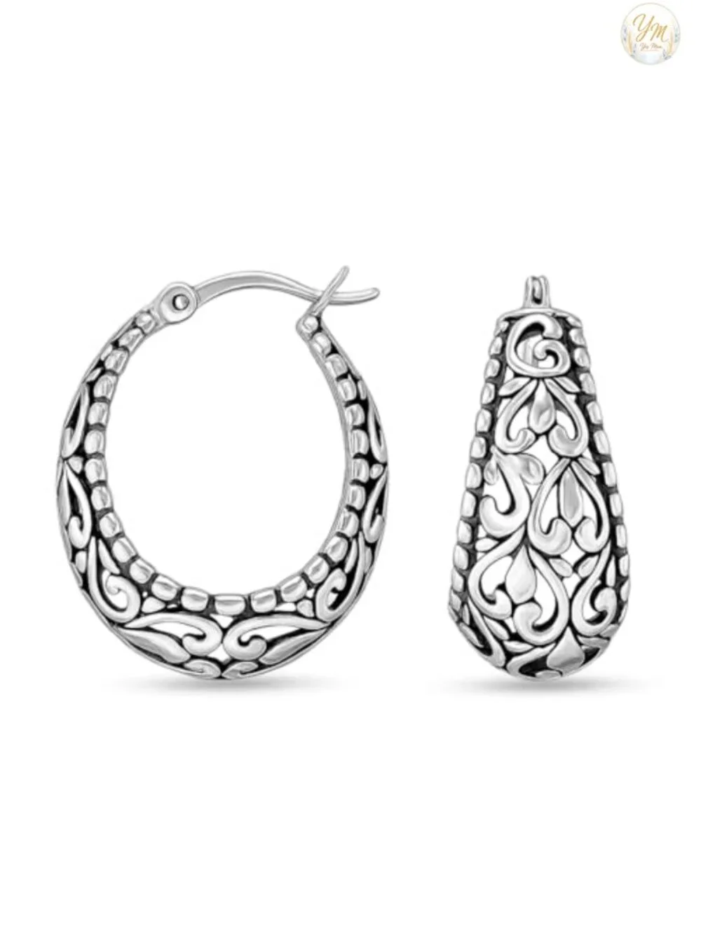 925 Sterling Silver Filigree Hoop Earrings Women Antique Oxidized Chunky